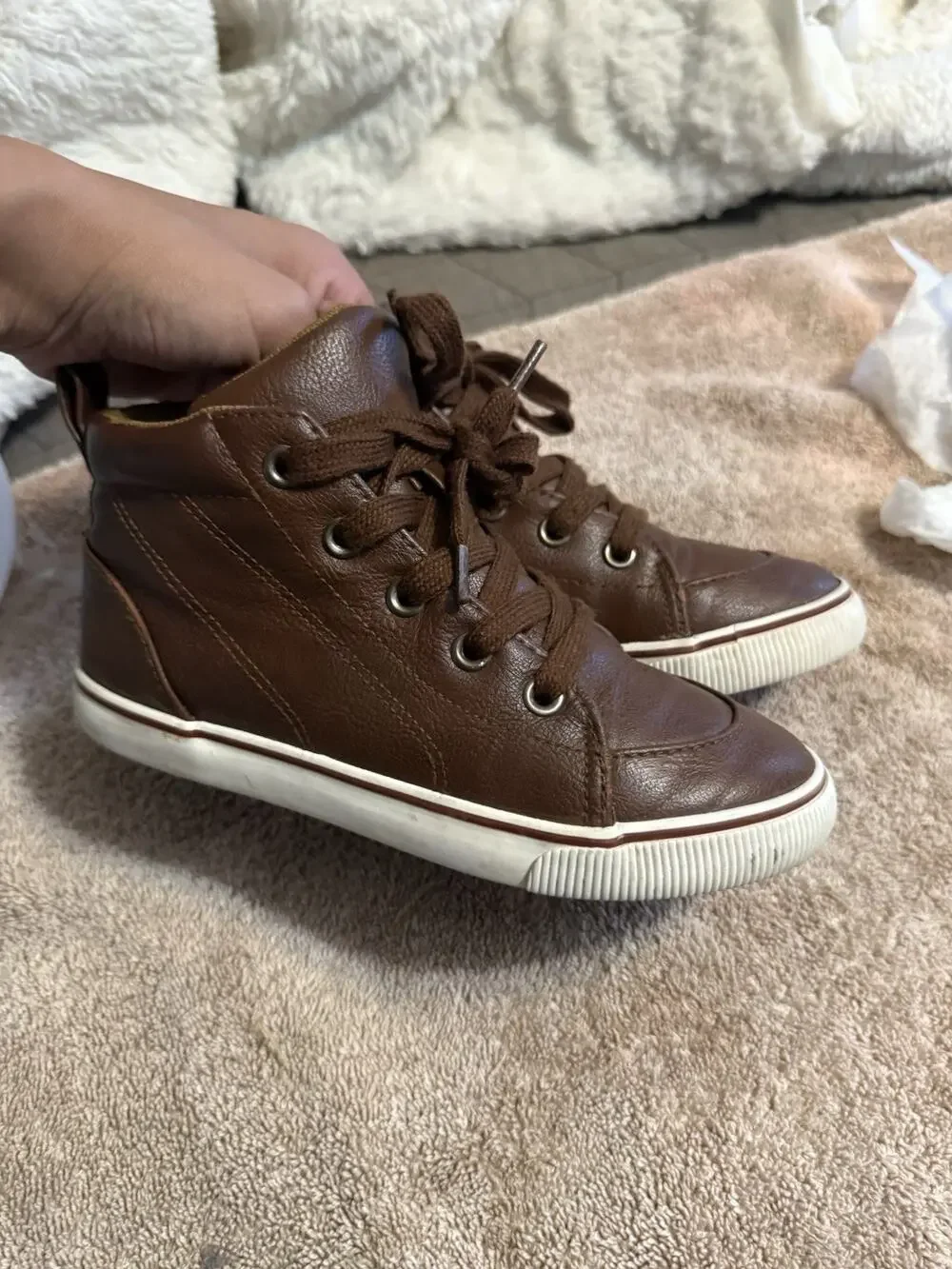 Cat & Jack Carson Brown/White Faux Leather High Top Sneaker Zip Lace Up US 13